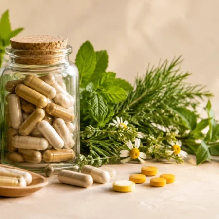 Herpesyl supplement bottle with natural herbal ingredients on a neutral background