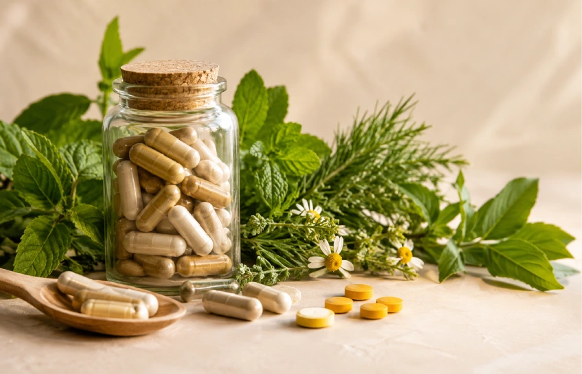 Herpesyl supplement bottle with natural herbal ingredients on a neutral background