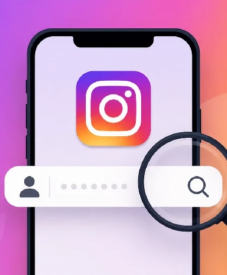 Illustration of a smartphone showing an anonymous Instagram profile search, representing how InstaNavigation works