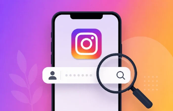 Illustration of a smartphone showing an anonymous Instagram profile search, representing how InstaNavigation works
