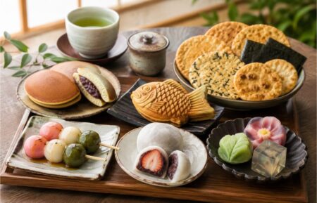 Japanese snacks including mochi, wagashi, dango, dorayaki and senbei