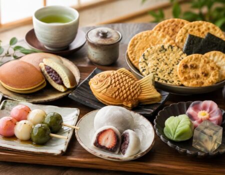 Japanese snacks including mochi, wagashi, dango, dorayaki and senbei