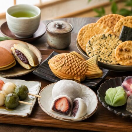 Japanese snacks including mochi, wagashi, dango, dorayaki and senbei
