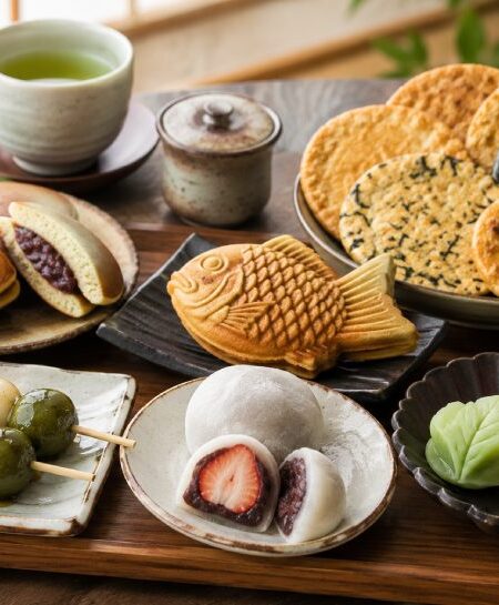 Japanese snacks including mochi, wagashi, dango, dorayaki and senbei