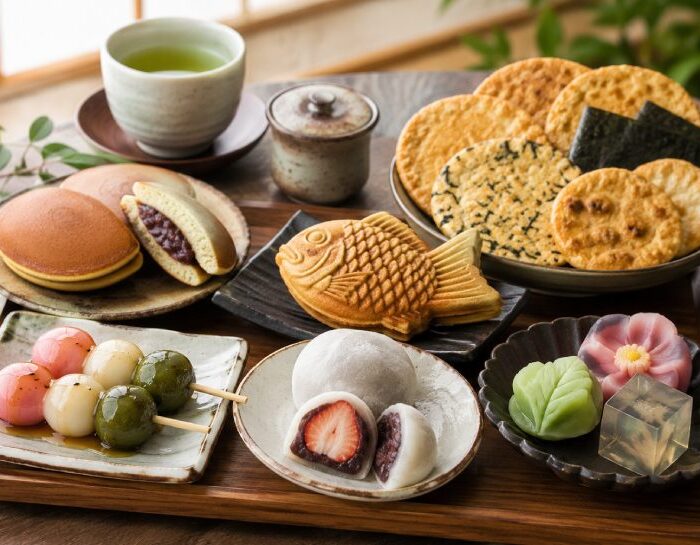 Japanese snacks including mochi, wagashi, dango, dorayaki and senbei