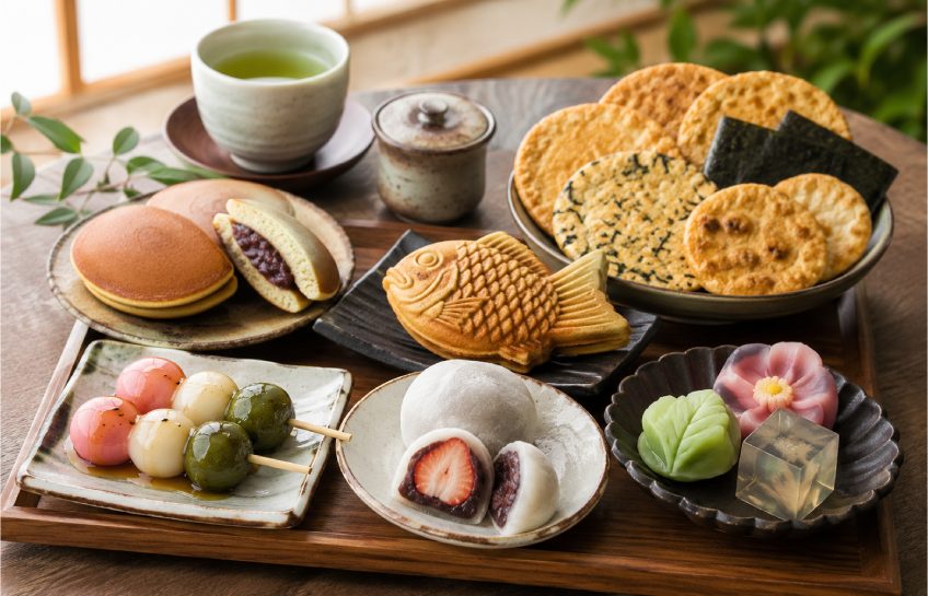 Japanese snacks including mochi, wagashi, dango, dorayaki and senbei