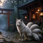 Kitsune fox spirit in a traditional Japanese shrine setting