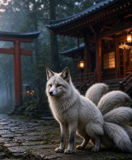 Kitsune fox spirit in a traditional Japanese shrine setting
