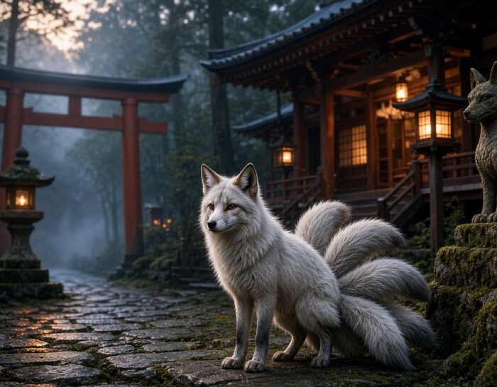 Kitsune fox spirit in a traditional Japanese shrine setting