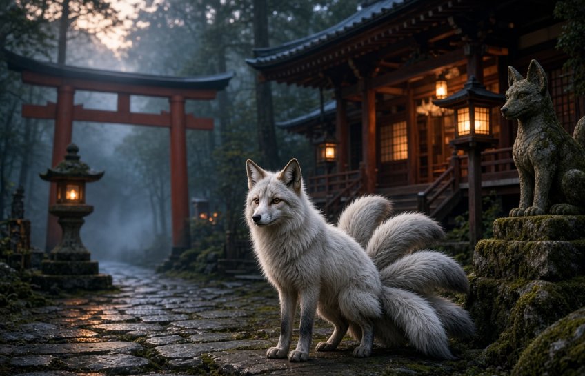 Kitsune fox spirit in a traditional Japanese shrine setting