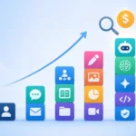 Illustration of rising SaaS software costs shown as stacked app icons with a magnifying glass and dollar sign