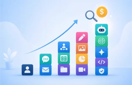 Illustration of rising SaaS software costs shown as stacked app icons with a magnifying glass and dollar sign