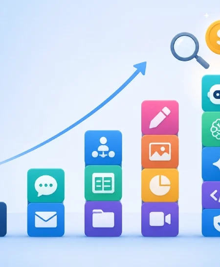 Illustration of rising SaaS software costs shown as stacked app icons with a magnifying glass and dollar sign
