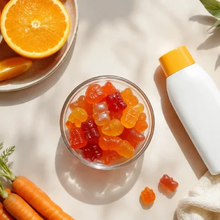 Colorful tanning gummies in a bowl beside sunscreen, carrots, and oranges representing carotenoid tan supplements