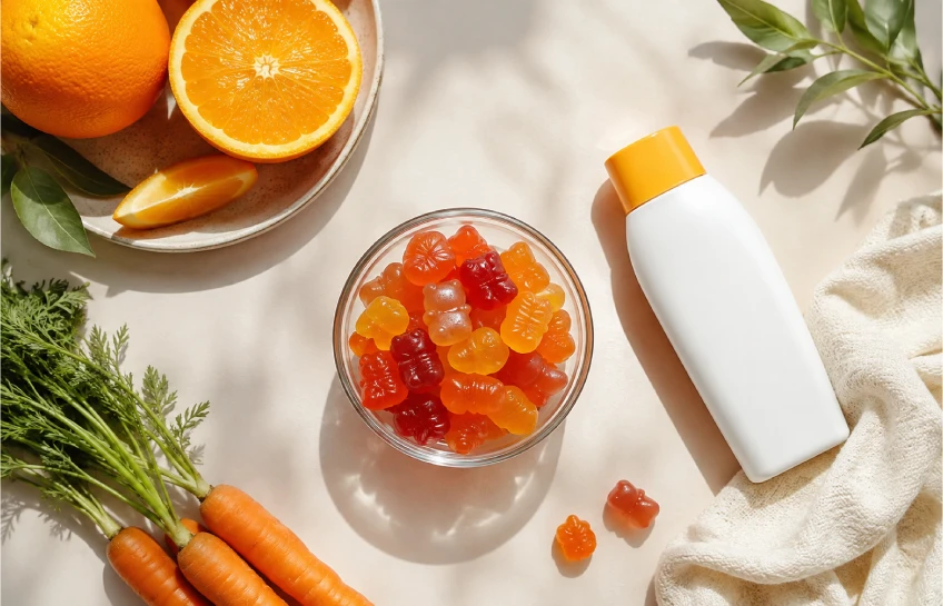 Colorful tanning gummies in a bowl beside sunscreen, carrots, and oranges representing carotenoid tan supplements