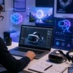 Designer reviewing AI-generated graphics and immersive tech tools on a laptop