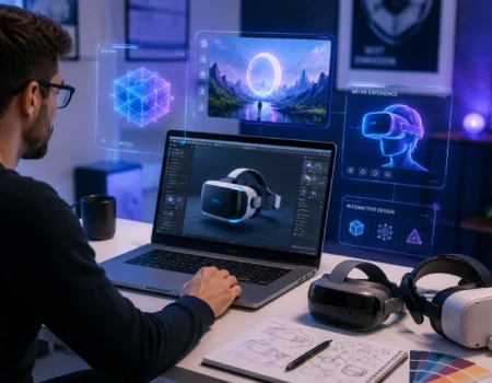 Designer reviewing AI-generated graphics and immersive tech tools on a laptop