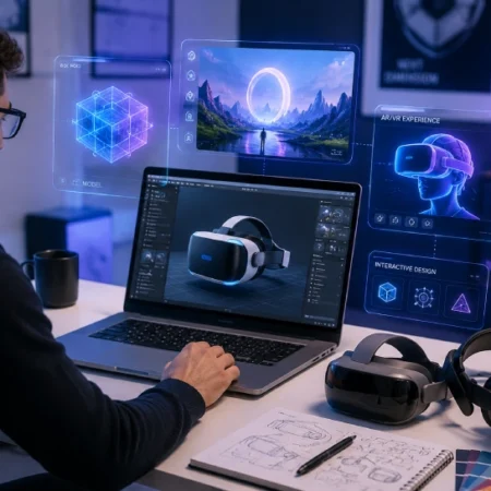 Designer reviewing AI-generated graphics and immersive tech tools on a laptop