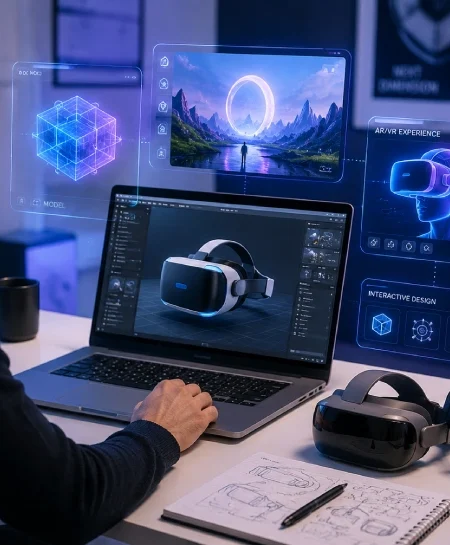 Designer reviewing AI-generated graphics and immersive tech tools on a laptop