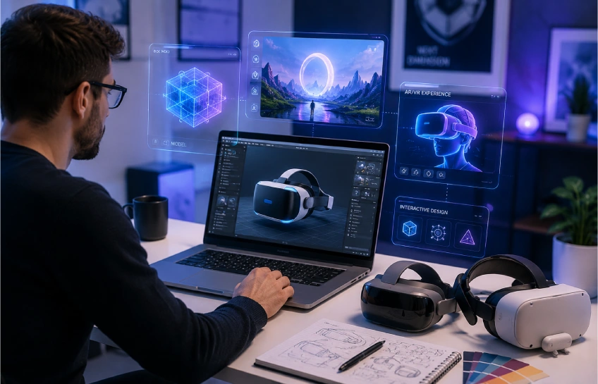 Designer reviewing AI-generated graphics and immersive tech tools on a laptop